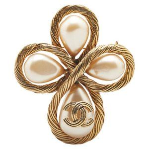 CHANEL Gold Pearl Logo Brooch